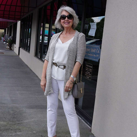 cream jacket modeled by Susan Street from Susan after 60, fashion for women over 60