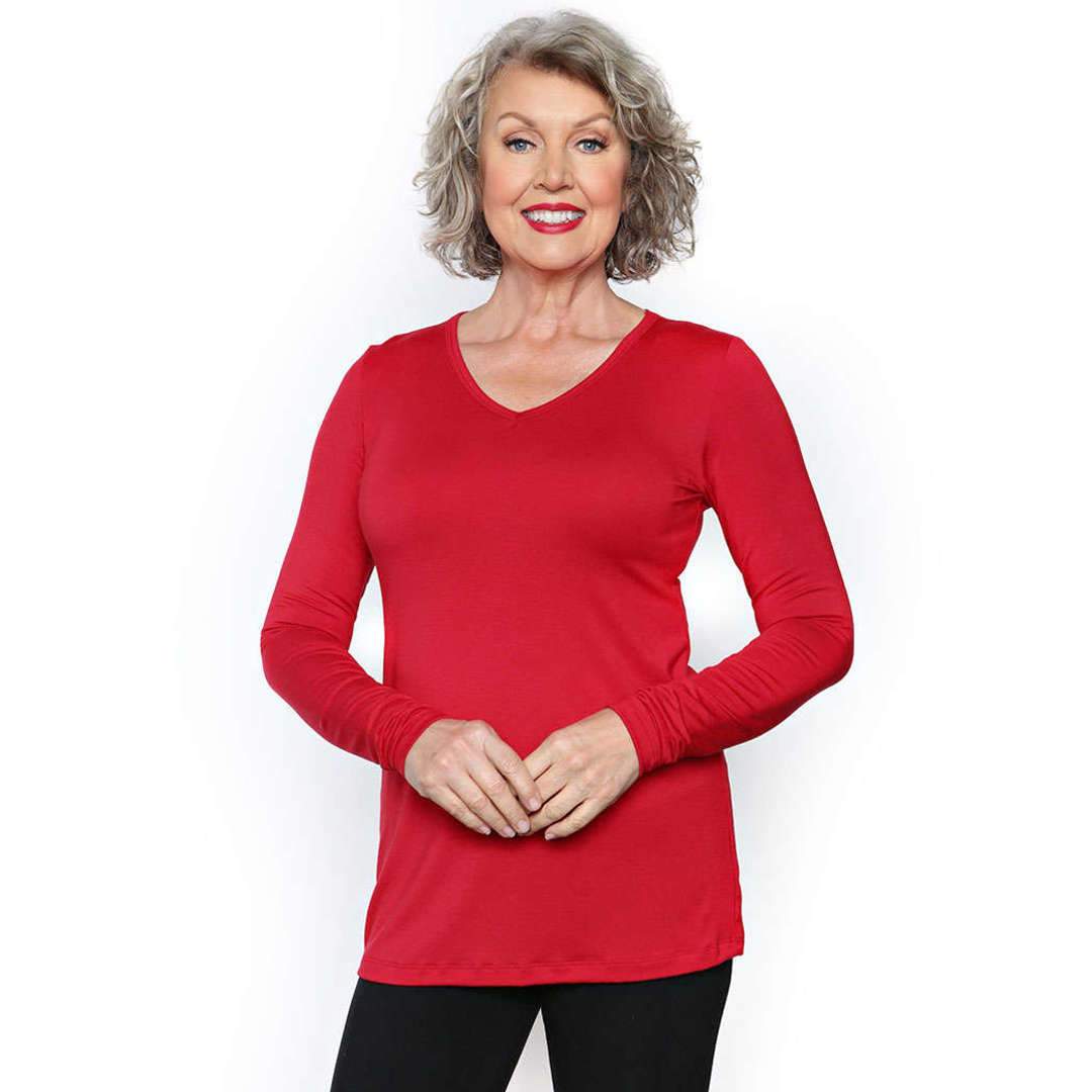 red long-sleeved women's top with v-neck