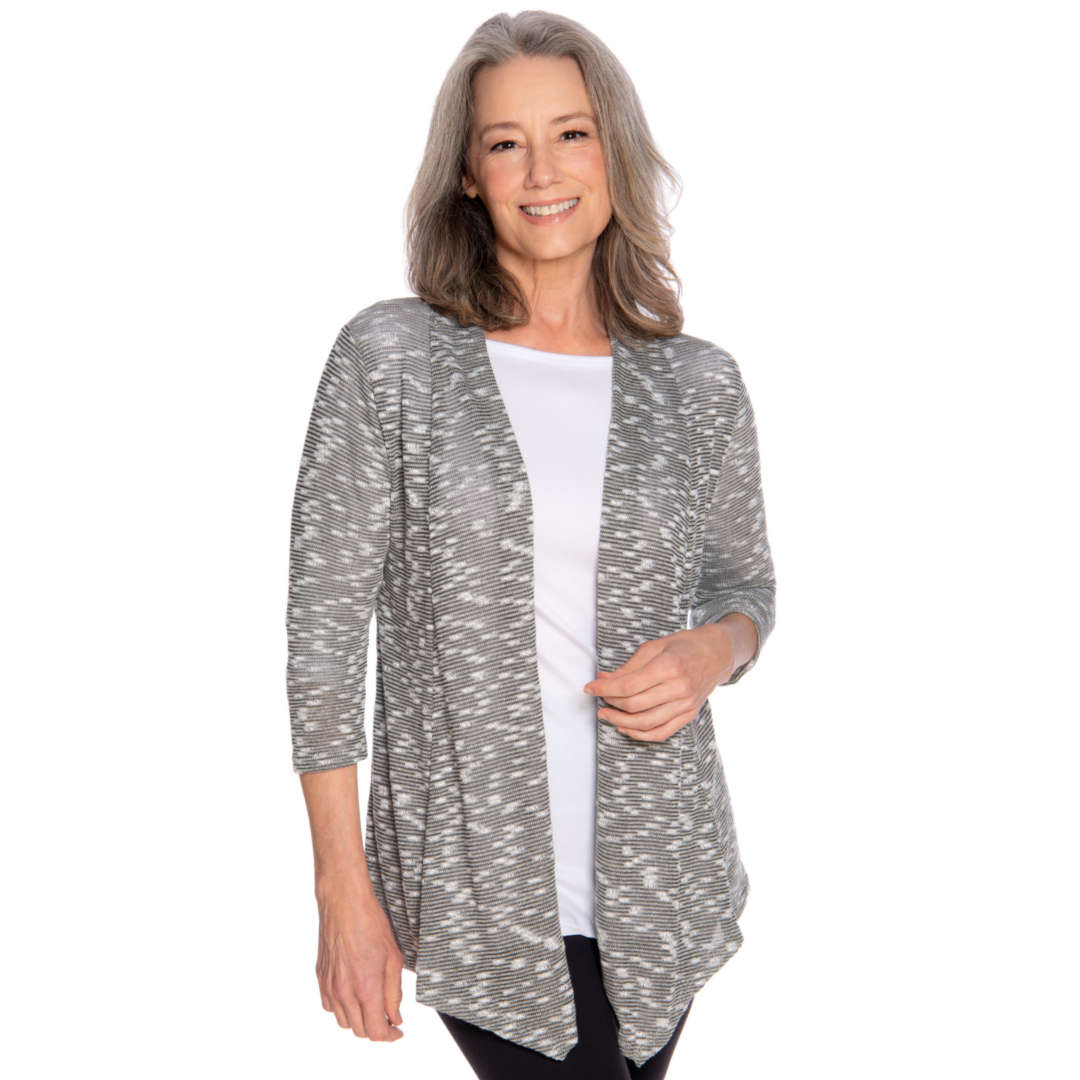 sliver gray lightweight jacket worn with a white top