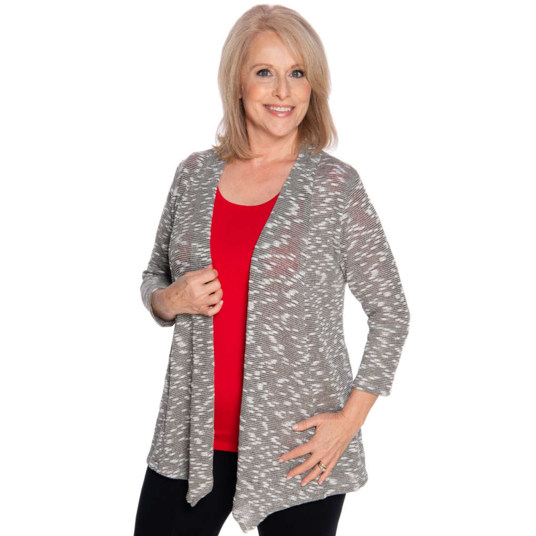 Silver gray woman's jacket worn with a red top