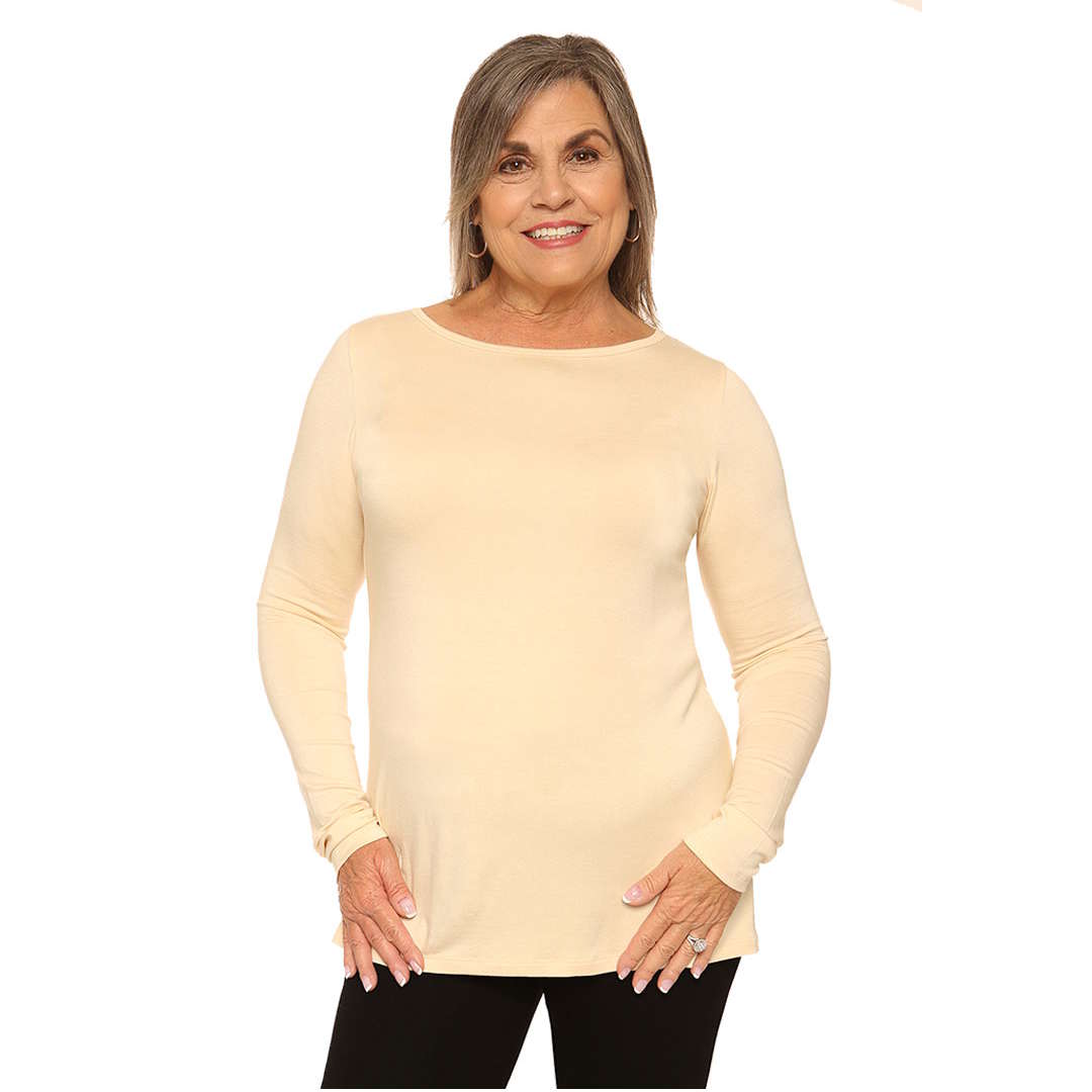 Long sleeved boat neck women's top in ivory