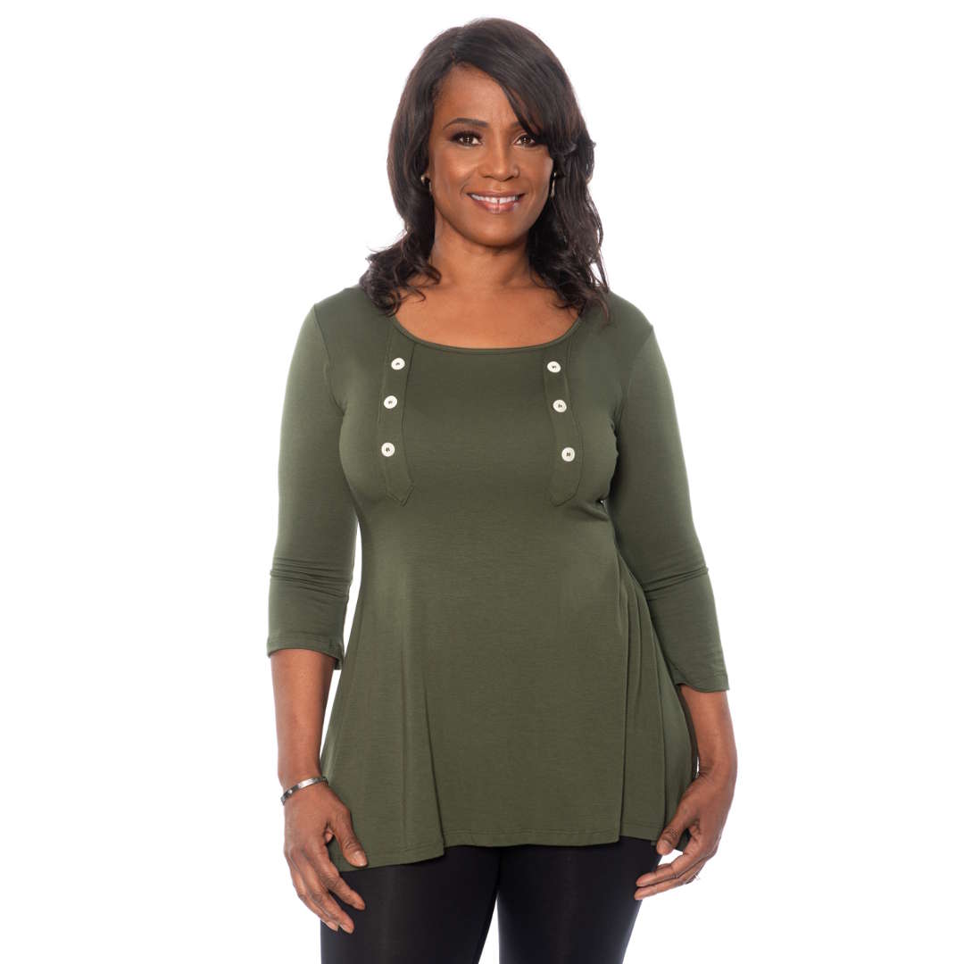 olive women's top with featured buttons