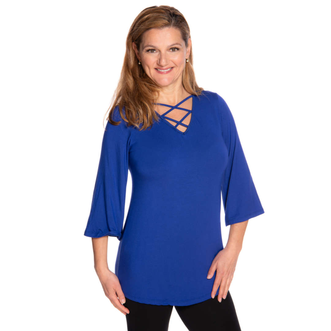 royal blue a-line women's top with featured neckline