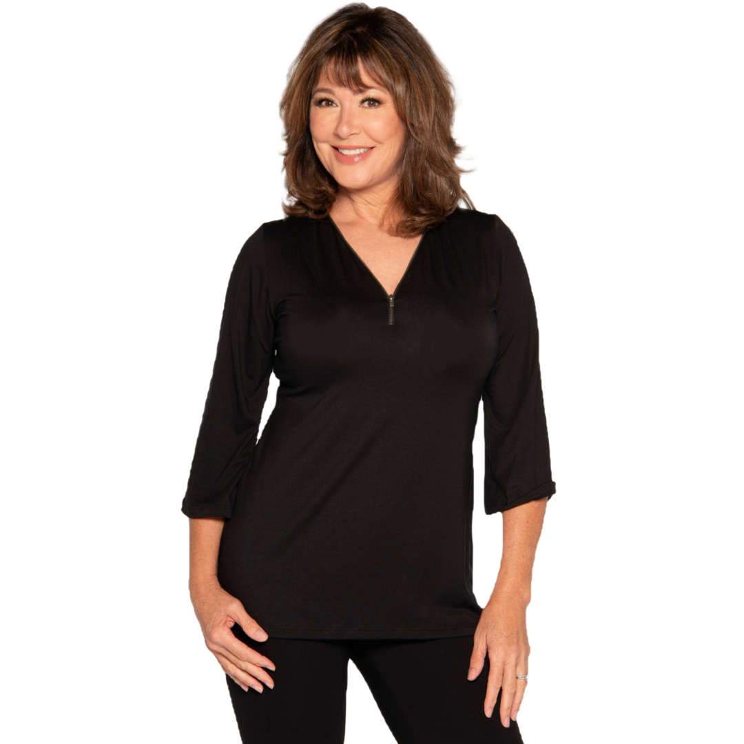 black women's top with a-line body and front zip