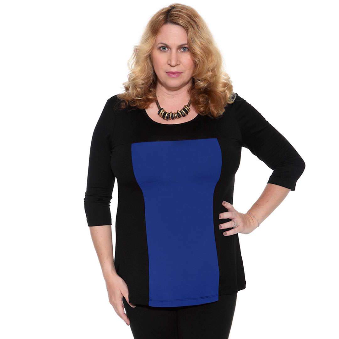 Slimming color block women's top in black and royal blue