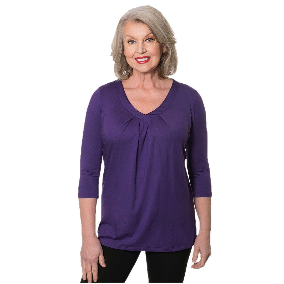 violet v-neck women's top with pleats