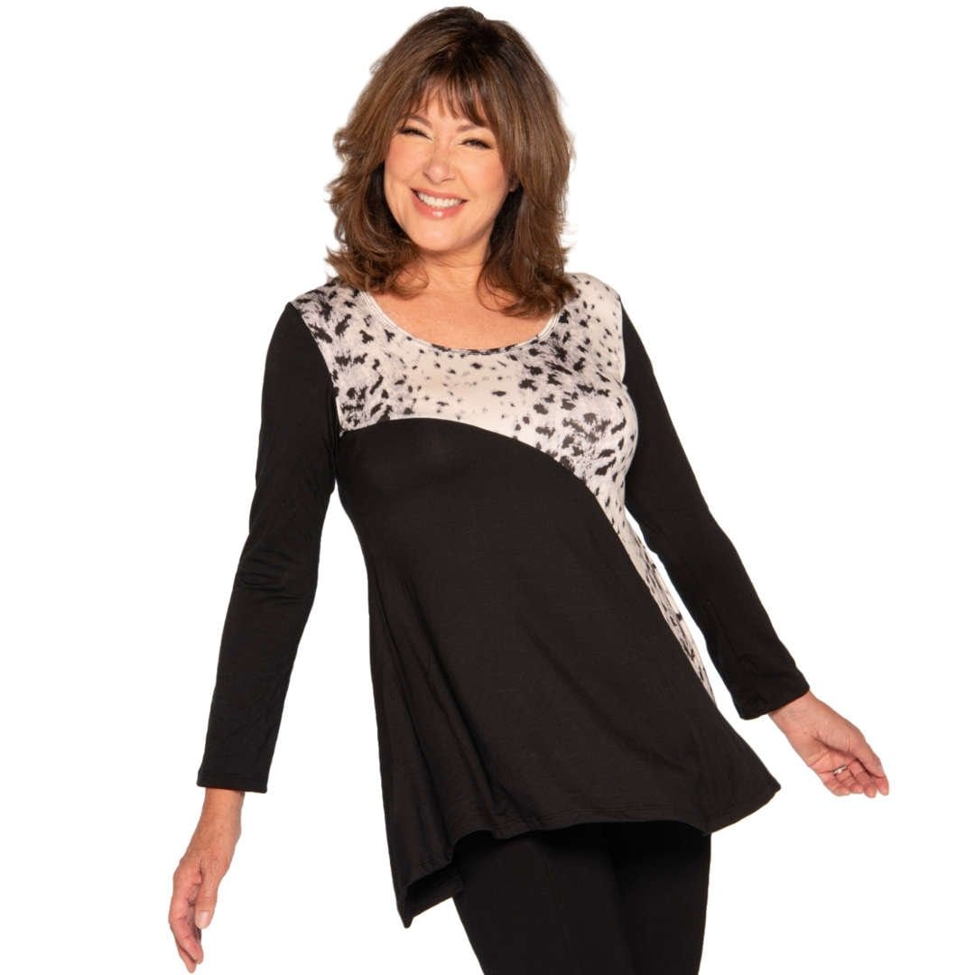 Flattering fit and flare women's top with snow leopard insert